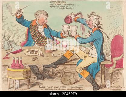 James Gillray, 1757–1815, britisch, Gott rettet den König. - in einem Stoßfänger. Oder - eine Abendszene dreimal in der Woche in Wimbleton, 1795. Radierung, handfarbig. Public Domain Stockfoto