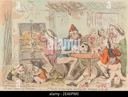 James Gillray, 1757–1815, britisch, UN Petit Souper, A La Parisienne; - oder - EINE Familie von Sans-Culots erfrischend, nach den Ermüdungserscheinungen des Tages, 1792. Radierung, handfarbig. Public Domain Stockfoto