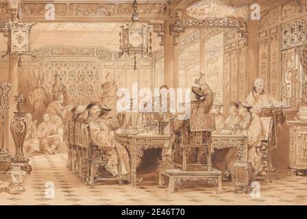 Thomas Allom, 1804–1872, britisch, Dinner Party at a Mandarin's House, undated. Stift und braune Tinte, braune Wäsche, weiße Gouache und Graphit auf Medium, leicht strukturiert, Creme Wove Papier. Schnitzereien, Abendessen, Unterhaltung, Fest, Fisch, Essen, Genre Thema, Interieur, Freizeit, Essen, Musik. China Stockfoto