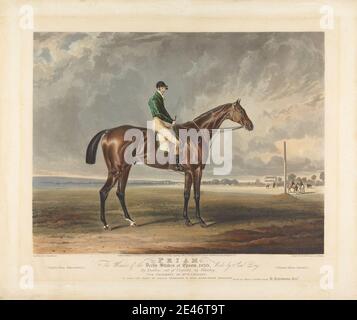 Edward Duncan, 1803–1882, Britisch, Priam. Der Gewinner des Derby Stakes bei Epsom, 1830. Aquatinta, handfarbig. Public Domain Stockfoto