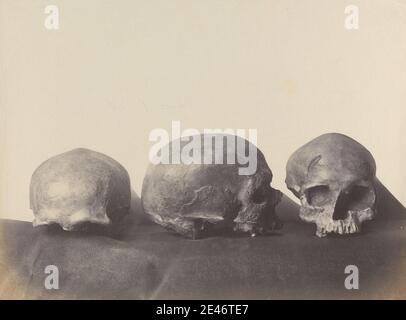 Stephen Thompson, aktiv 19. Jahrhundert, Brite, drei Schädel, gefunden in einer Höhle in Cro-Magnon, in der Nähe von Les Eyzies, Dordogne, Frankreich (aus Abgüssen), ca. 1870. Albumin-Druck aus nassem Kollodion negativ auf dünnem, glattem, cremefarbenem Wove-Papier. Totenköpfe, Stillleben. Dordogne, Frankreich Stockfoto