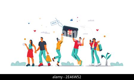 Shopping Menschen mit Taschen und Kunden Geschenkkarten, flache Vektor-Illustration auf weißem Hintergrund. Glückliche Käufer oder Käufer Männer und Frauen Zeichen. Sal Stock Vektor