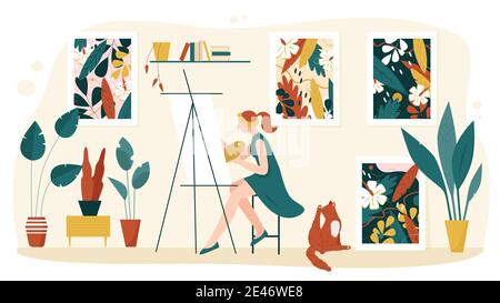 Künstler Malerei zu Hause Innenraum Vektor-Illustration. Cartoon Frau Maler Charakter nehmen Palette, Zeichnung künstlerische Bild auf Staffelei, Kunstwerk mit Natur Blätter und Blumen isoliert auf weiß Stock Vektor