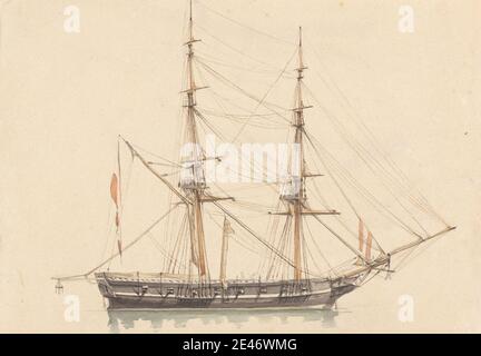 Joseph Cartwright, c.1789–1829, britisch, Single Brigantine, Segel gerellt, undatiert. Aquarell, mit Stift, in brauner Tinte, schwarzer Tinte und Graphit auf Medium, leicht strukturiert, creme, webpapier, aufgezogen, mäßig dick, leicht strukturiert, creme, webpapier. Public Domain Stockfoto