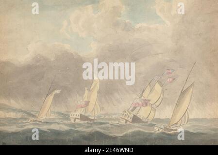 Joseph Cartwright, um 1789–1829, britisch, zwei Kriegsschlaufen, eine Barke und ein Schooner (?), Sterns Forward, in Heavy Seas; mehrere Segelschiffe im Hintergrund, undatiert. Aquarell, mit Stift, in grauer Tinte, grauer Wäsche und Graphit auf mäßig dickem, mäßig strukturiertem, beige, getuftetem Papier, aufgezogen, mäßig dick, glatt, beige, gewebt. Public Domain Stockfoto