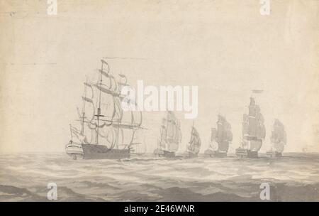 Joseph Cartwright, c.1789–1829, britisch, sechs Schlachtschiffe, Tacking in Heavy Seas, undated. Stift und schwarze Tinte, graue Tinte, graue Waschung und Graphit auf Medium, mäßig strukturiert, creme, Papier gelegt, aufgesetzt, mäßig dick, glatt, beige, Papier gewebt. Public Domain Stockfoto