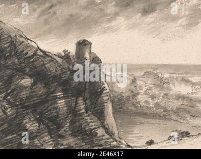 Dr. Thomas Monro, 1759–1833, britisch, Komposition: Erinnerung an J.R. Cozen's of Nemi, zwischen 1790 und 1820. Schwarze Kreide und graue Wäsche auf Medium, leicht strukturiert, cremefarbenen Wove Papier. Gebäude, Klippen, Böschung, Hügel, See, Landschaft, Berge, Felsen (Landformen), Sträucher, Turm (Gebäudeabteilung), Wasser. Europa , Italien , Latium , Nemi , Roma , Provinz Roma Stockfoto