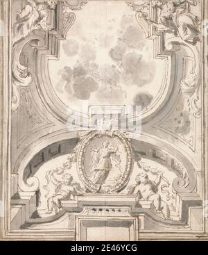 Zugeschrieben Thomas Carwitham, aktiv 1723, britisch, Design for Ceiling Decoration, undatiert. Graphit, grau waschen, und Stift und braune Tinte auf Medium, mäßig strukturiert, Creme Wove Papier. Decken, Girlanden, Putti, Frauen Stockfoto