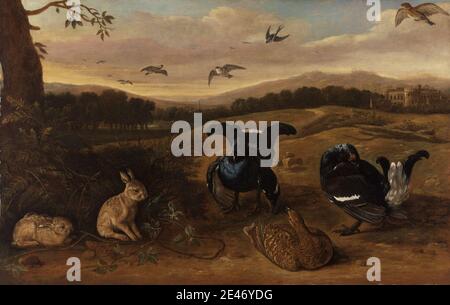 Leonard Knyff, 1650–1721, niederländisch, tätig in Großbritannien (bis 1681), Black Game, Rabbits, and Swallows in a Park, ca. 1700. Öl auf Leinwand. Tierkunst, Vögel, schwarz, Schloss, Landhaus, Balz, Hirsche, Federn, Hügel, Jagd, Landschaft, Park (Gelände), Kaninchen, Schwalben Stockfoto