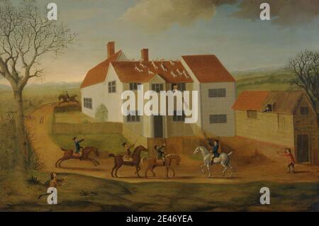 James Dunthorne, 1730–1815, Brite, John Sidey und seine Hunde in einem Bauernhaus in der Nähe von Hadleigh, Suffolk, 1765. Öl auf Leinwand. Hunde (Tiere), Bauernhaus, Fuchs (Tier), Fuchsjagd, Pferde (Tiere), Haus, Jagdwaffen, Männer, Sportkunst. England, Europa, Hadleigh, Suffolk, Vereinigtes Königreich Stockfoto