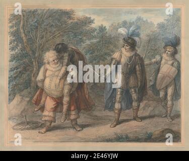 Henry William Bunbury, 1750–1811, britisch, Falstaff Carrying Dead Hotspur, undated. Aquarell, Feder und schwarze Tinte, graue Tinte, Gouache und Gummi arabisch auf Medium, leicht strukturiert, beige Wove Papier montiert auf dicken, mäßig strukturiert, beige gelegt Papier. Rüstung, Kampf, Stiefel, Hosen, Capes, Tragen, tot, Sterben, Hüte, Henry IV Teil I, Akt V, Szene IV, Henry IV, Teil I von William Shakespeare, literarisches Thema, Männer, fettleibig, Spiel, Theaterstücke von William Shakespeare, Federn, Felsen (Landformen), Rüschen, Rüschen, Schilde, Strümpfe, Schwerter, Bäume, Krieg. Sir John Falstaff Hotspur (He Stockfoto