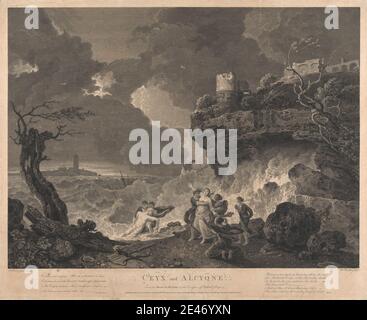 William Woollett, 1735–1785, Brite, Ceyx und Alcyone, 1769. Strichgravur und Radierung auf mäßig dickem, leicht strukturiertem, cremefarbenen Papier. (Geschichte von) Alcyone und Ceyx, Klippen, tot, Ehemann, Legende, Mythologie, religiöse und mythologische Thema, Seestang, Wellen (Naturereignisse), Frau, Winde. Ceyx Alcyone Stockfoto