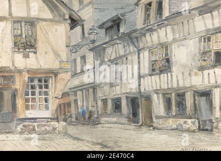 Jules Lessore, 1849–1892, französisch, Blick auf die Rue de Lamite, undated. Aquarell, Gouache, Graphit und Kaugummi auf mäßig dickem, leicht strukturiertem, cremefarbenem Wove-Papier. Architekturmotiv, Stadtbild, Blumen, Pflanzgefäße, Straße, Straßenschild, Fenster Stockfoto