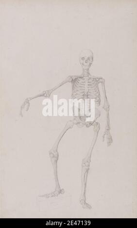 George Stubbs, 1724–1806, britisch, menschliches Skelett, Vorderansicht (rechter Arm ausgestreckt; abgeschlossene Studie für unveröffentlichte Tabelle), 1795 bis 1806. Graphit auf dünnem, leicht strukturiertem, cremefarbenem Wove-Papier. Anatomische Studie, Anatomie, Figurenstudie, Front, Mann, Rippen, Leistengegend, Skelett, Studie (visuelle Arbeit) Stockfoto