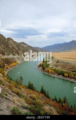 Biegung eines schönen türkisfarbenen Fluss von Herbstbergen umgeben. Katun Fluss, Altai, Sibirien, Russland. Stockfoto