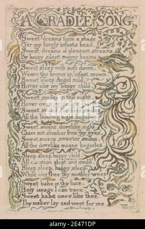 Druck gemacht von William Blake, 1757–1827, Britisch, Songs of Innocence and of Experience, Platte 26, 'A Cradle Song' (Bentley 16), 1789. Relief Radierung gedruckt in grün mit Feder und Tinte und Aquarell auf mäßig dick, leicht strukturiert, Creme Wove Papier. Baby, Zweige, Stuhl, Kinder, Wiege, Krippe, Vorhänge, historische Thema, Säugling, Blatt, Mutter, schlafen, Text, Vegetation, Reben, Frau, Frauen Stockfoto