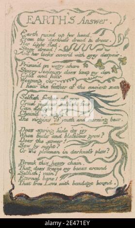 Druck gemacht von William Blake, 1757–1827, Britisch, Songs of Innocence and of Experience, Platte 35, 'Earth's Answer' (Bentley 31), 1794. Farblich bedruckte Reliefradierung mit Aquarell auf mäßig dickem, leicht strukturiertem, cremefarbenen Wobentpapier. Äste, Früchte, historisches Motiv, Blatt, Schlange, Schlange, Text, Vegetation, Reben Stockfoto