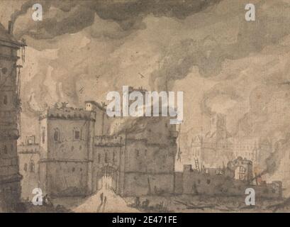 Thomas Wyck, 1616–1677, Niederländisch, Newgate Prison, The Fire of London, undated. Schwarze Tinte mit grauer Wäsche und brauner Wäsche auf mittlerem, leicht strukturiertem, cremefarbenen Papier. Strafanstalt, Feuer, großes Feuer von London, 1666, historisches Thema, Gefängnis, Rauch. England , London , Newgate Prison , Newgate Street , Vereinigtes Königreich Stockfoto