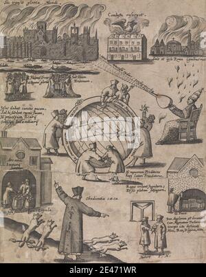 Unbekannter Künstler, siebzehnten Jahrhundert, Cartoon suggeriert Papist Ursprünge des Feuers, undatiert. Gravur. Public Domain Stockfoto