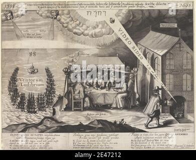 Druck eines unbekannten Künstlers, siebzehnten Jahrhundert, die doppelte Befreiung, 1588–1605, 1621. Radierung und Liniengravur auf Medium, leicht strukturiert, cremefarbenen Papier. Bier, Gebäude, Karikatur, Stuhl, Dämon, Teufel, Auge, fuerzas armadas, Mann, Militärkunst, Papst, religiöse und mythologische Thema, Schiff, sitzen, Schädel, stein, Tisch, Wandern, Wasser, Fenster Stockfoto