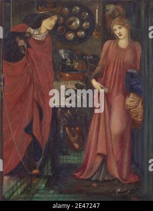 Edward Burne-Jones, 1833–1898, britisch, Fair Rosamund und Queen Eleanor, 1861. Mischtechnik auf Papier. Kostüm, Vorhang, Tod, historisches Thema, Interieur, Eifersucht, Labyrinth, Laute, Spiegel, Mord, Musik, Musikinstrumente, Malerei (visuelle Arbeit), Pfannen (Behälter), Porträt, Töpfe, Pre-Raphaelite, Schutz, Königin (Person), Faden, Frauen. Clifford, Rosamund [genannt Fair Rosamund] (B. vor 1140?, d. 1175/6), königliche Geliebte Eleanor [Eleanor von Aquitaine], suo jure herzogin von Aquitaine (c.1122–1204), Königin von Frankreich, Gemahlin von Ludwig VII., und Königin von England, Gemahlin Stockfoto