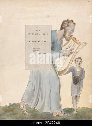 William Blake, 1757–1827, britisch, The Poems of Thomas Gray, Design 41, 'The Progress of Poesy.', zwischen 1797 und 1798. Aquarell mit Stift und schwarzer Tinte und Graphit auf mäßig dickem, leicht strukturiertem, cremefarbenem Papier mit eingelegter Buchdruckseite. Engel, Baby, Bart, Junge, Jungen, Stuhl, Kinder, Gras, Harfe, Hut, Säugling, Licht, literarisches Thema, Leier, Mann, Männer, Mutter, Lesen, religiöse und mythologische Thema, Glasmalerei, Text, Fenster, Frauen Stockfoto