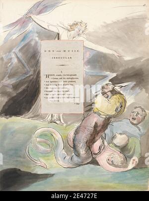 William Blake, 1757–1827, Brite, The Poems of Thomas Gray, Design 95, 'Ode for Music.', zwischen 1797 und 1798. Aquarell mit Stift und schwarzer Tinte und Graphit auf mäßig dickem, leicht strukturiertem, cremefarbenem Papier mit eingelegter Buchdruckseite. Engel, Körper, Ketten, Stuhl, Wolken, Blumen (Pflanzen), Garten, Blitz, literarisches Thema, Leier, Männer, mythologische Figuren, Religiöse und mythologische Thema, Schuppen, Meer, Schlange, Himmel, Sterne, Text, Reben Stockfoto