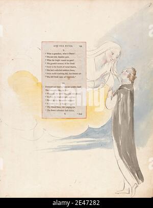 William Blake, 1757–1827, Brite, The Poems of Thomas Gray, Design 99, 'Ode for Music.', zwischen 1797 und 1798. Aquarell mit Stift und schwarzer Tinte und Graphit auf mäßig dickem, leicht strukturiertem, cremefarbenen Papier mit eingelegter Buchdruckseite. Engel, Umhang, Wolken, Lorbeer, Blatt, literarisches Thema, Mann, religiöses und mythologisches Thema, Himmel, Text, Frau Stockfoto