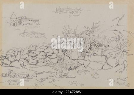 Edward Lear, 1812–1888, British, Sorrento, 2. August 1838, 1838. Graphit auf mäßig dickem, leicht strukturiertem, grünlich-grauem Gewebspapier. Gebäude, Kuppeln, Genremotiv, Pflanzen, Felsen (Landformen), Studien (visuelle Arbeiten). Kampanien, Italien, Sorrento Stockfoto