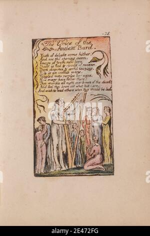 Druck gemacht von William Blake, 1757–1827, Britisch, Songs of Innocence and of Experience, Platte 25, 'The Voice of the Ancient Bard' (Bentley 54), 1789 bis 1794. Relief Radierung in dunkelbraun mit Feder und schwarzer Tinte und Aquarell auf mäßig dickem, leicht strukturiertem, cremefarbenem Wove-Papier gedruckt. Bart, Äste, Kinder, Harfe, Knien, Blatt, literarisches Thema, Mann, stehend, Text, Reben, Frauen Stockfoto