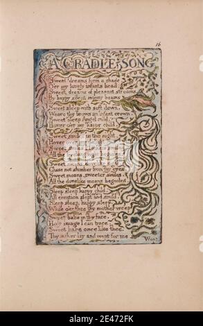 Druck gemacht von William Blake, 1757–1827, Britisch, Songs of Innocence and of Experience, Platte 16, 'A Cradle Song' (Bentley 16), 1789 bis 1794. Relief Radierung in dunkelbraun mit Feder und schwarzer Tinte und Aquarell auf mäßig dickem, leicht strukturiertem, cremefarbenem Wove-Papier gedruckt. Äste, Blatt, literarisches Thema, Text, Vegetation, Reben Stockfoto