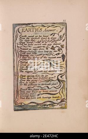Druck gemacht von William Blake, 1757–1827, Britisch, Songs of Innocence and of Experience, Platte 32, 'Earth's Answer' (Bentley 31), 1789 bis 1794. Relief Radierung in dunkelbraun mit Feder und schwarzer Tinte und Aquarell auf mäßig dickem, leicht strukturiertem, cremefarbenem Wove-Papier gedruckt. Äste, Frucht, Blatt, literarisches Thema, Schlange, Schlange, Text, Vegetation, Reben Stockfoto