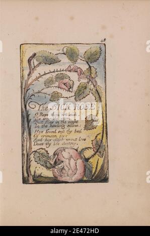 Druck gemacht von William Blake, 1757–1827, Britisch, Songs of Innocence and of Experience, Platte 48, 'The Sick Rose' (Bentley 39), 1789 bis 1794. Relief Radierung in dunkelbraun mit Feder und schwarzer Tinte und Aquarell auf mäßig dickem, leicht strukturiertem, cremefarbenem Wove-Papier gedruckt. bush, Blumen (Pflanzen), historisches Thema, literarisches Thema, Rose (Pflanze), Text, Dornen, Reben, Frauen Stockfoto