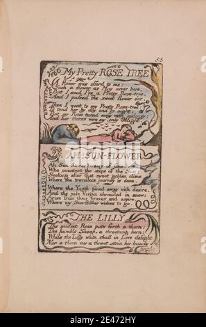 Druck von William Blake, 1757–1827, britisch, Songs of Innocence and of Experience, Platte 53, 'My Pretty Rose Tree', 'Ah! Sun-Flower', 'The Lilly' (Bentley 43), 1789 bis 1794. Relief Radierung in dunkelbraun mit Feder und schwarzer Tinte und Aquarell auf mäßig dickem, leicht strukturiertem, cremefarbenem Wove-Papier gedruckt. Vögel, Äste, Knien, Blatt, literarisches Thema, Text, Bäume, Vegetation, Reben, Frauen Stockfoto