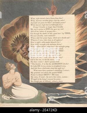 Druck gemacht von William Blake, 1757–1827, Britisch, Young's Night Thoughts, Seite 80, 'der Donner, wenn in dem der Allmächtige wohnt', 1797. Radierung und Liniengravur mit Aquarell auf mäßig dickem, leicht strukturiertem, cremefarbenem Wove-Papier. Gras, Blitz, literarisches Thema, Mann, Männer, Meteorologie, religiöses und mythologisches Thema, Wissenschaft, Sturm, Text, Wasser Stockfoto