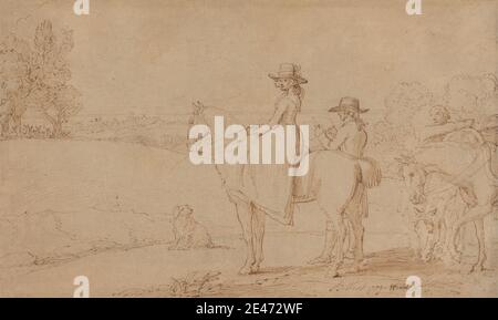 Benjamin West, 1738–1820, Amerikaner, tätig in Großbritannien (ab 1763), an Artist Sketching in Windsor Park, 1789. Stift in brauner Tinte auf Medium, mäßig strukturiert, beige, getupftes Papier. Stadtbild, Hund (Tier), Kleid, Gras, Hüte, Pferde (Tiere), Landschaft, Männer, Papier, Park (Erholungsgebiet), Skizzen, Bäume, Frau. Berkshire , England , Großbritannien , Windsor , Windsor Great Park Stockfoto