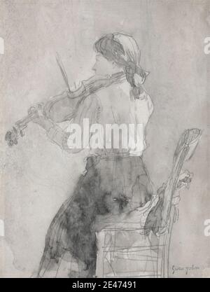 Gwen John, 1876–1939, Britin, Junge Geigenspielerin, zwischen 1897 und 1898. Graphit und grau waschen auf Medium, glatt, Creme Wove Papier. Stuhl, Figur Studie, Genre Thema, spielen, Geige, Geiger, Frau Stockfoto