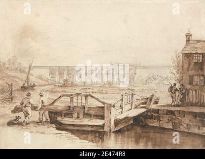 Isaac Shaw, aktiv 1830, das Viadukt über den Sankey-Kanal, ca. 1830. Braun waschen, braune Tinte und Graphit auf Medium, glatt, Creme Wove Papier. Architektonisches Thema, Brücke (Bauarbeiten), Brücken, Bogen, Brücken, Eisenbahn, Kanal, Kanalboot, Häuser, Landschaft, Schloss, Lokomotive, Dampf, Menschen, Zug, Viadukt. Burtonwood , Cheshire , Earlestown , England , Newton-le-Willows , Saint Helens , Saint Helens Canal , Sankey Brook , Großbritannien , Warrington Stockfoto