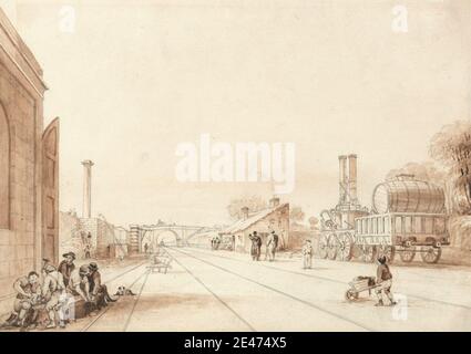 Isaac Shaw, aktiv 1830, Blick auf die Liverpool und Manchester Railway mit der Lokomotive 'Twin Sisters' in A Siding, ca. 1830. Braune Wäsche, braune Tinte und Graphit auf mittlerem, glattem, cremefarbenem Wove-Papier. Brücke (gebaute Arbeit), Stadtbild, Hund (Tier), Genre-Thema, Lokomotive, Lokomotive, Dampf, Eisenbahn, Bahngebäude, Abstellgleis (Transit-System-Komponente), Schornsteine, Schubkarren, Arbeiter. England , Liverpool , Manchester , Vereinigtes Königreich Stockfoto