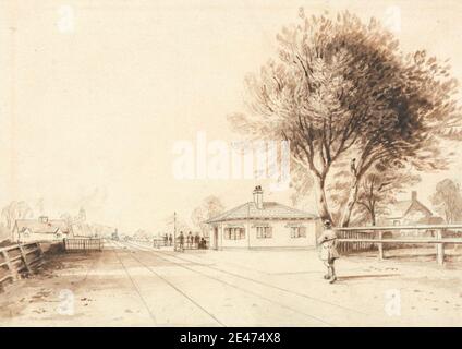 Isaac Shaw, aktiv 1830, Blick auf die Strecke der Liverpool und Manchester Railway, ca. 1830. Braun waschen, braune Tinte und Graphit auf Medium, leicht strukturiert, cremefarbenen Wove Papier. Stadtbild, Zaun, Landschaft, Mann, Eisenbahn, Eisenbahngebäude, Eisenbahnschienen, Baum. England , Liverpool , Manchester , Vereinigtes Königreich Stockfoto