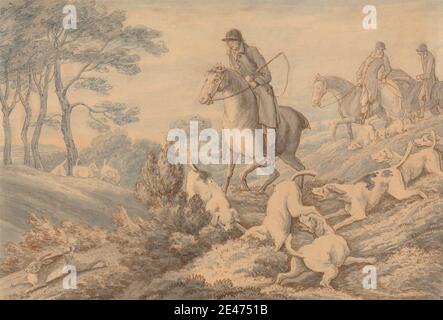 Thomas Sunderland, 1744–1828, Brite, Myles Sandys' Hounds and Huntsmen Starting a Hare, undated. Stift in brauner Tinte, und blau in, mit blau und grau waschen über Graphit auf Medium, leicht strukturiert, beige, gewebt Papier. Sporting Art Stockfoto