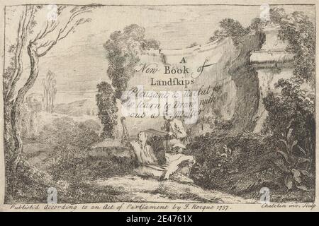 Druck von Jean B. C. Chatelain, 1710–1771, Französisch, A New Book of Landskips, Pleasant & Useful for to Learn to Draw without a Master, 1737. Radierung auf mäßig dickem, leicht strukturiertem, beigefarbenem Papier. Künstler, Zeichnung, Gras, Landschaft, Männer, Pflanzen, Posen, Ruinen, Schäfer, Skizzen, Bäume Stockfoto