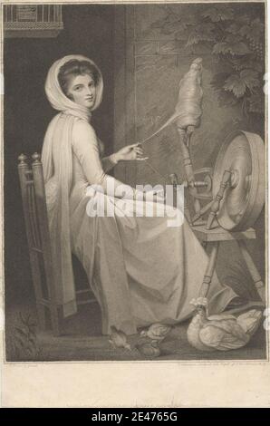 Druck von Thomas Cheesman, 1760–1834/35, britisch, Lady Hamilton als Spinster, 1789. Stippelgravur und Radierung auf mäßig dickem, leicht strukturiertem, beigefarbenem Papier. Vögel, Stuhl, Hühner, Küken, Kleid, Blick, Genremotiv, Henne, Arbeit, Porträt, Posen, Schal, Spinning, Spinnrad, Reben, Fenster, Frau, Garn. Hamilton, Emma, Lady Hamilton (bap. 1765, d. 1815), gesellschaftliche Berühmtheit und Künstlermodell Stockfoto