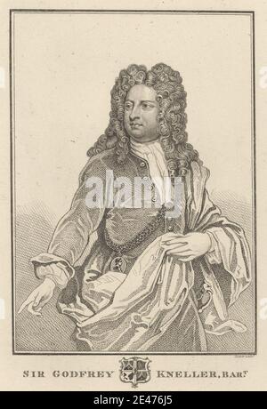 Druck gemacht von unbekanntem Künstler, (Cooper), Sir Godfrey Kneller, undated. Wachsmalstift-Art, Stipple Gravur und Radierung auf mäßig dicken, leicht strukturierten, cremefarbenen Wove Papier. Künstler, Baronet, Cameo, Kette, Tuch, Mantel, Kostüm, Cravat, Locken, Geste, Mann, Maler, Anhänger (Schmuck), Porträt, Schwert, Perücke. Kneller, Sir Godfrey, baronet (1646–1723), Geschichte und Porträtmaler Stockfoto