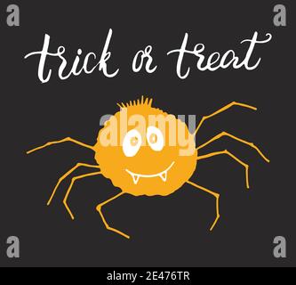Halloween Grußkarte Design. Nette Spinne Cartoon Hand gezeichnet Doodle, Trick or Treat Schriftzug Vektor Illustration. Stock Vektor