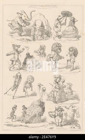 Druck gemacht von Alfred Henry Forrester, 1804–1872, British, Zoological Education, undated. Lithographie auf mäßig dickem, glattem, beigefarbenem Papier. Stöcke, Hunde (Tiere), Kleider, Eier, Elefanten (Tiere), Füchse (Tiere), Frösche (Tiere), Gänse, Genremotiv, Hüte, Reiher, Illustrationen, Lernen, Löwen, Affen, Eulen, Sonnenschirm, Satire, Wissenschaft , Studenten , Bäume , Violine , zoologische Stockfoto