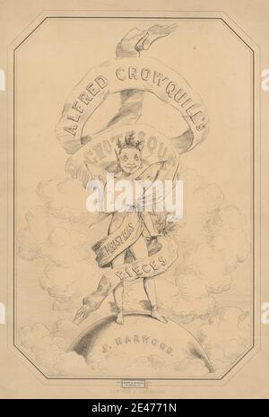 Druck von Alfred Henry Forrester, 1804–1872, britisch, Wrapper für sechs Drucke von Alfred Crowquills Weihnachtsstücken, undatiert. Lithographie auf mäßig dickem, glattem, braunem Wove-Papier. Glocken, Weihnachten, Wolken, Genremotiv, Globus, Illustration, Mistel, Pflanzen, Band, Satire, Flügel, Welt. Dämon Stockfoto