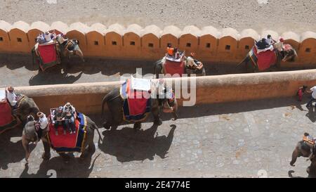 JAIPUR, INDIEN - 22. MÄRZ 2019: Hochwinkel-Ansicht der Elefanten bei Bernstein Fort in jaipur, indien Stockfoto