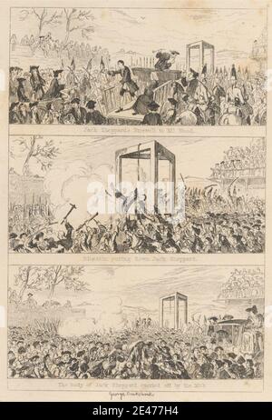Druck von George Cruikshank, 1792–1878, britisch, die letzte Szene: 'Jack Sheppard's Farewell to Mr Wood / Blueskin Cutting down Jack Sheppard / The Body of Jack Sheppard crazed off by the Mob', 1839. Radierung auf mäßig dickem, glattem, cremefarbenen Papier mit beigem Chine Collé. Kapitel 31 - 'die Prozession zu Tyburn', Kriminelle, Menge, Weinen, Tod, Sterben, Gestik, Hängen (Hinrichtung), Illustration, Jack Sheppard (Roman), literarisches Thema, Männer, Mobs, Roman, Rauch, Soldaten, Frauen. Jack Sheppard Stockfoto