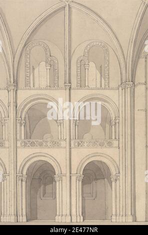 John Sell Cotman, 1782–1842, britisch, Perspektive Erhebung eines Teils der Abbey Church of Saint Stephen in Caen, Normandie, 1818. Graphit und Grau waschen auf mittlerem, glattem, cremefarbenem Wove-Papier. Architektonisches Motiv. Caen , Frankreich , Normandie Stockfoto